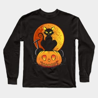 Black Cat on Pumpkin Halloween Long Sleeve T-Shirt